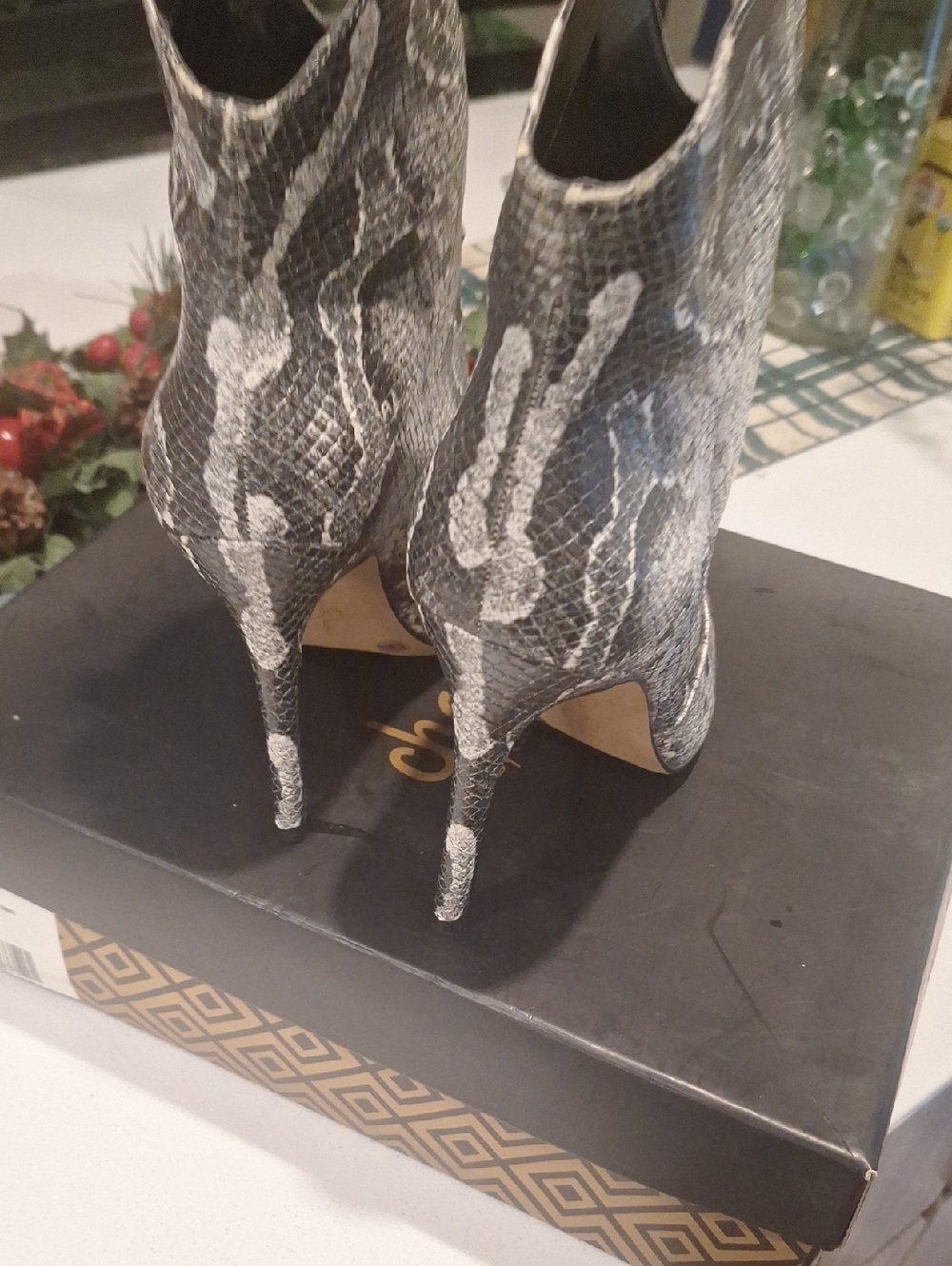 Charles David Black & Gray Snakeskin Stiletto Ankle Boots